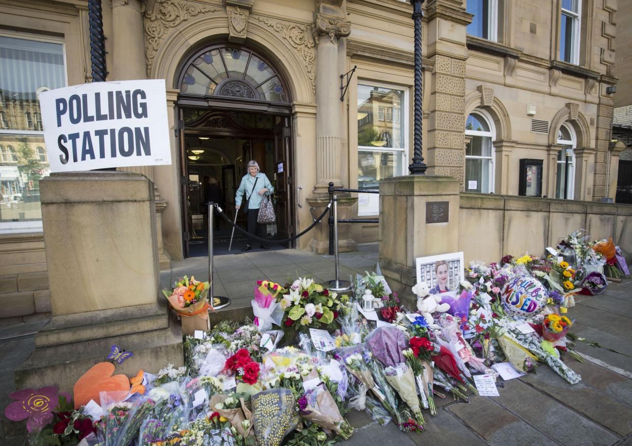 Batley Town Hall with floral tributes for Jo Cox MP (Photo credit: Daniel Lawson/PA).