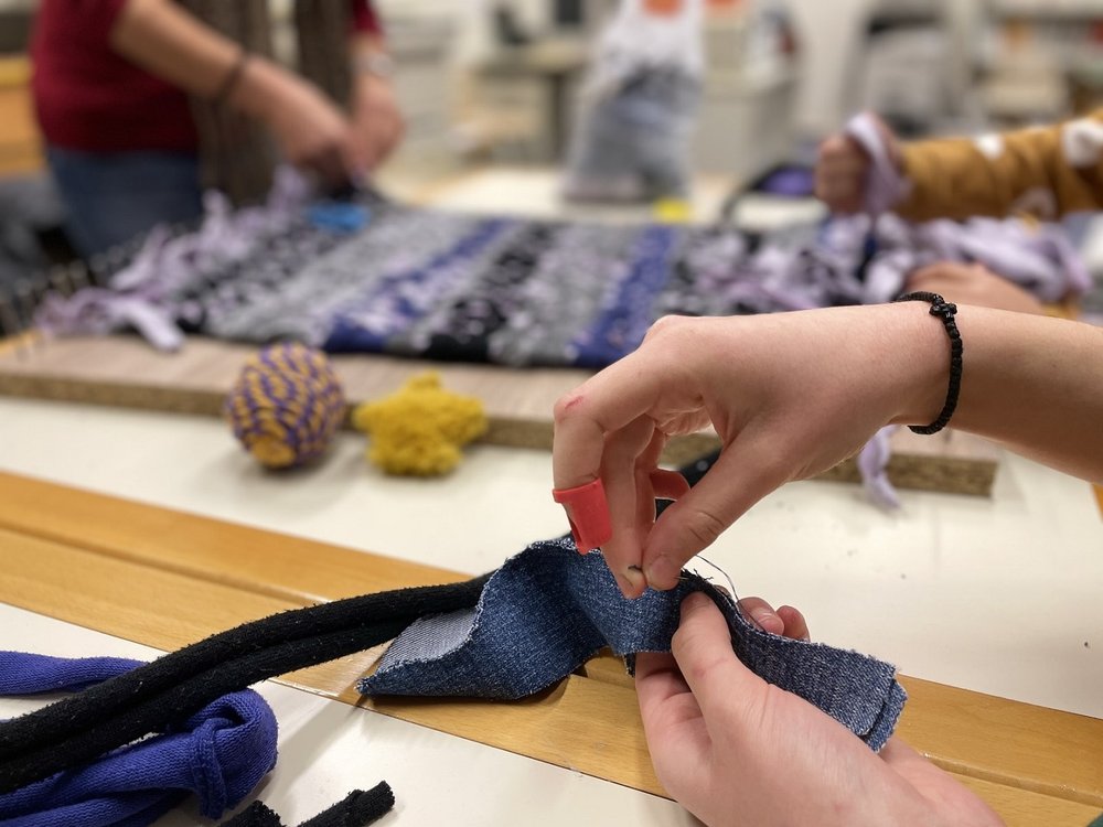   Repurposing for art!  Students at the 3rd Komotini Experimental GEL school in Greece used old pieces of fabric to create beautiful weavings 