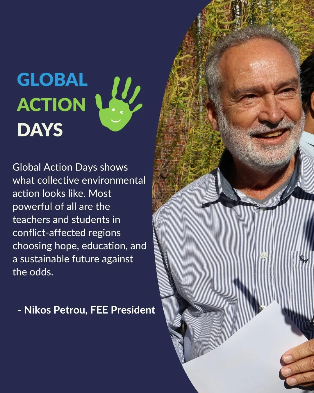 A word from our FEE President: Nikos Petrou 💬
 
"This year&rsquo;s Global Action Days, led by @fee_global, has brought together more than 320,000 participants worldwide from 135 countries.

Among these global contributions, participation of sch