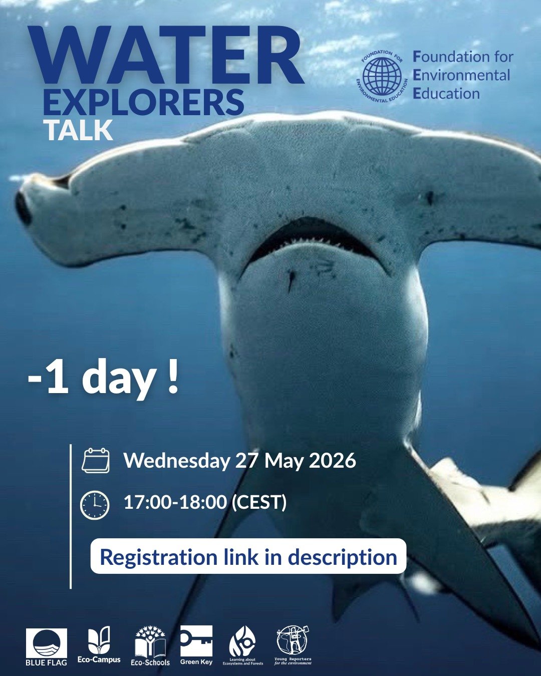 The clock is ticking! Only one day to go before our second Water Explorers Talk. You don't want to miss it! Join us tommorrow 27 May at 17:00 CEST for an inspiring conversation with Alexander Schmidt, @alexsharks_ , an influential wildlife and ocean 