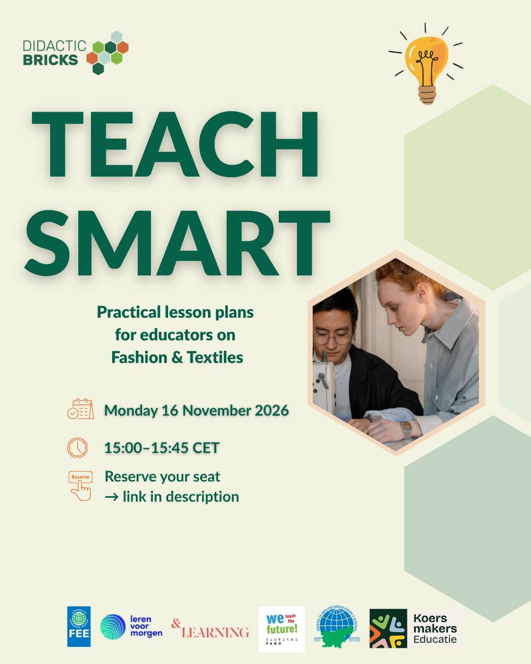 💻👕 Live event for educators: 'TEACH SMART - Textile &amp; Fashion lesson plans

How can we turn big sustainability topics into practical classroom learning?

Meet Didactic Bricks, a brand-new teaching tool designed to help educators bring sustainab