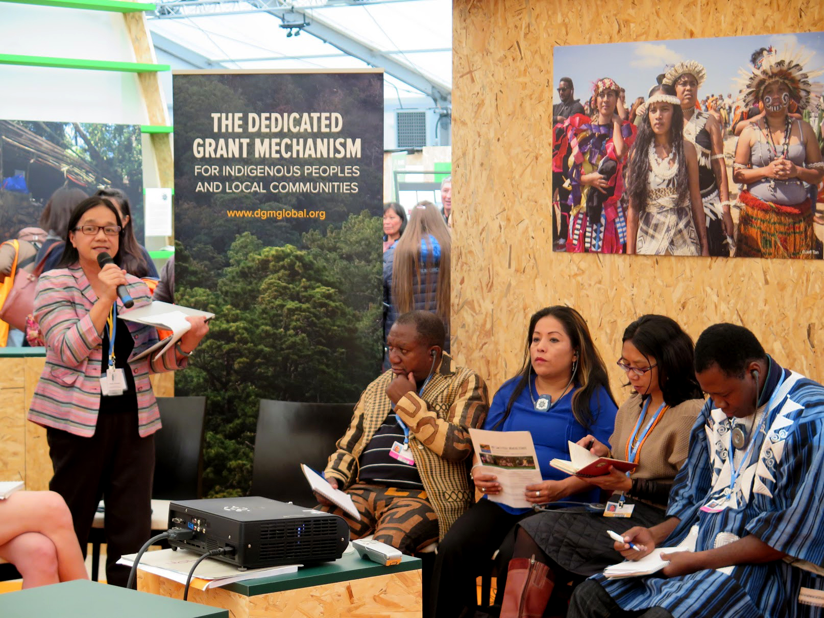 The DGM was represented at the IP Pavilion by, from left to right: Global Steering Committee co-chairs Grace Balawag and Kapupu Diwa (from the Philippines and DRC, respectively), Marilen Puquio Arturo (Peru), Mina Setra (Indonesia), Idrissa Zeba (Burkina Faso), and, not pictured, Januario Tseredzaro Ruri’õ (Brazil).