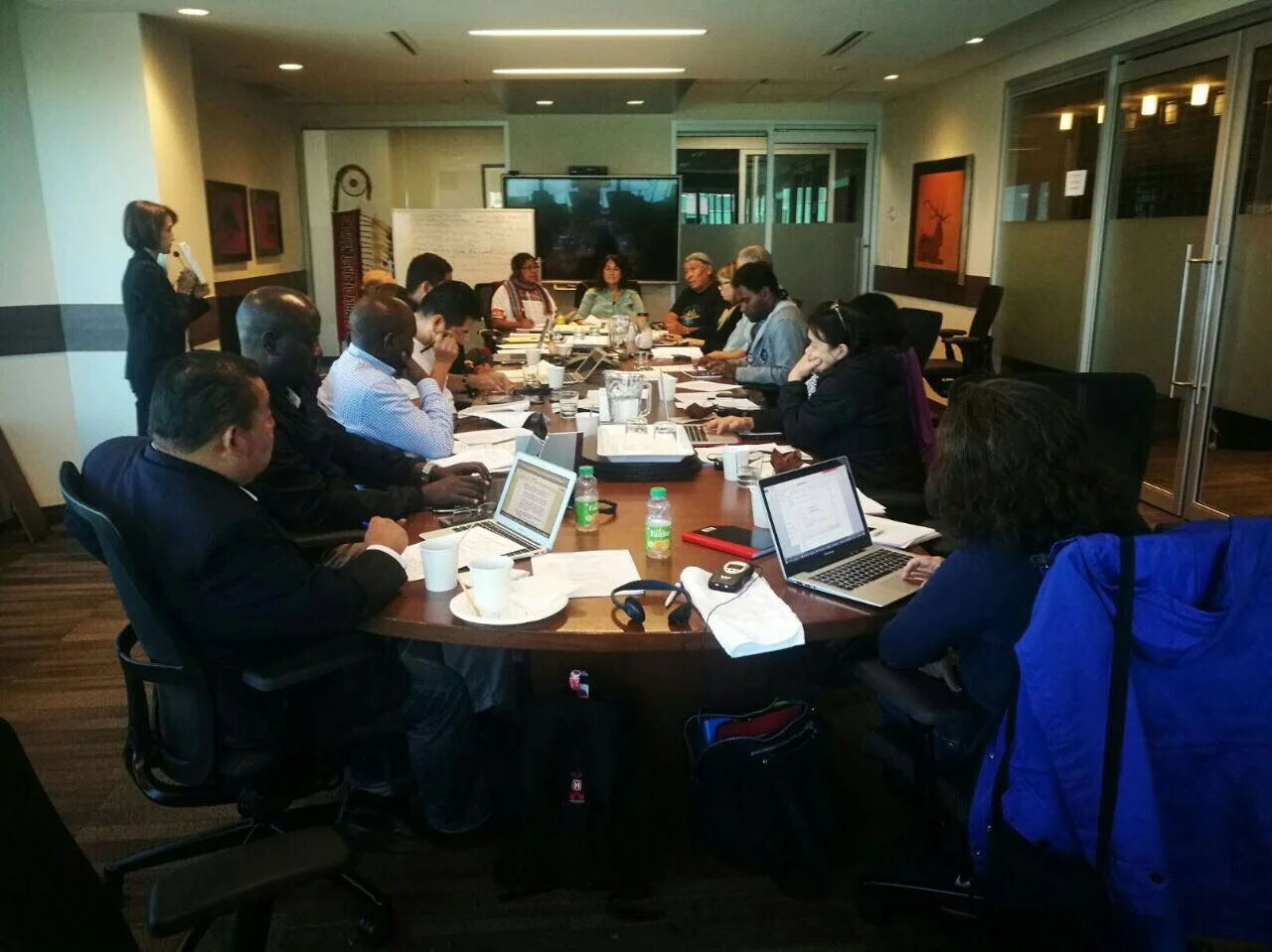 Indigenous peoples and local community’s representatives have a prepatory meeting prior to Monday's informal dialogue. Johnson Cerda and Melanie Allen