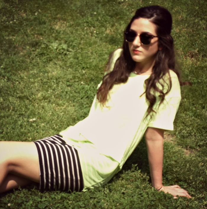 Zara neon top, H&M striped skirt, Rayban sunglasses, Nordstrom Trolley Booties