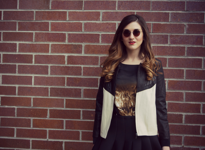round Firmoo sunglasses and two-tone leather jacket - Louboutins and Love Fashion Blog