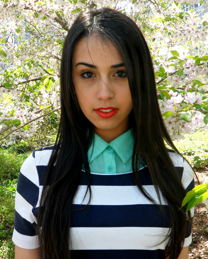 H&M dress, Frenchi chiffon button down, Nordstrom and Juicy Couture bracelets, red Supergas