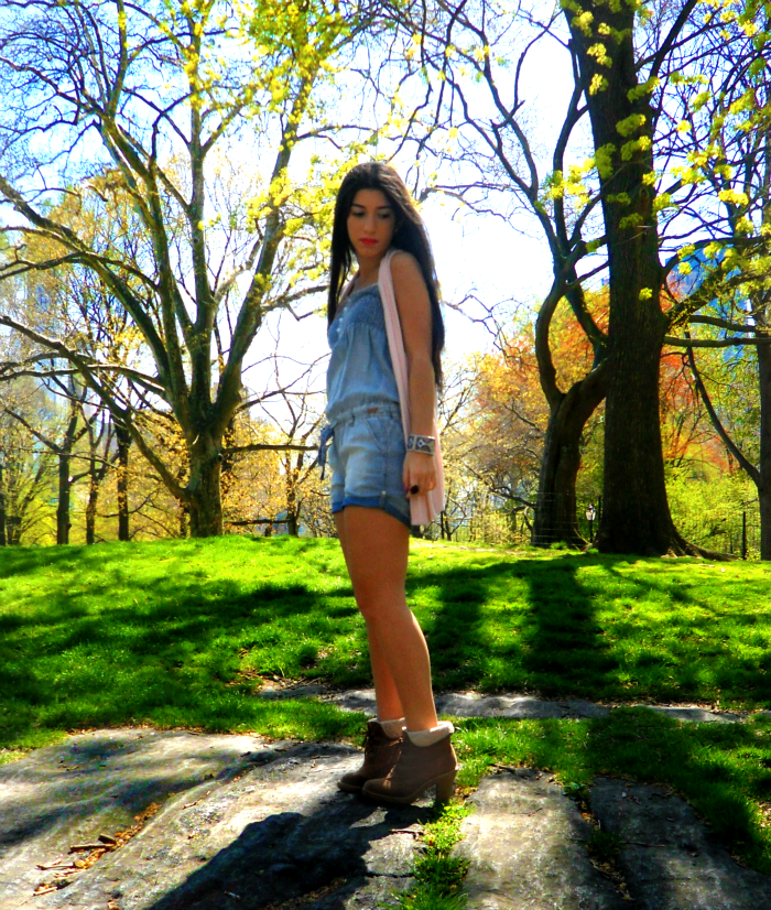 jean romper from Israel, H&M white ruffled shirt , Urban Outfitters pink vest, Jellypop booties