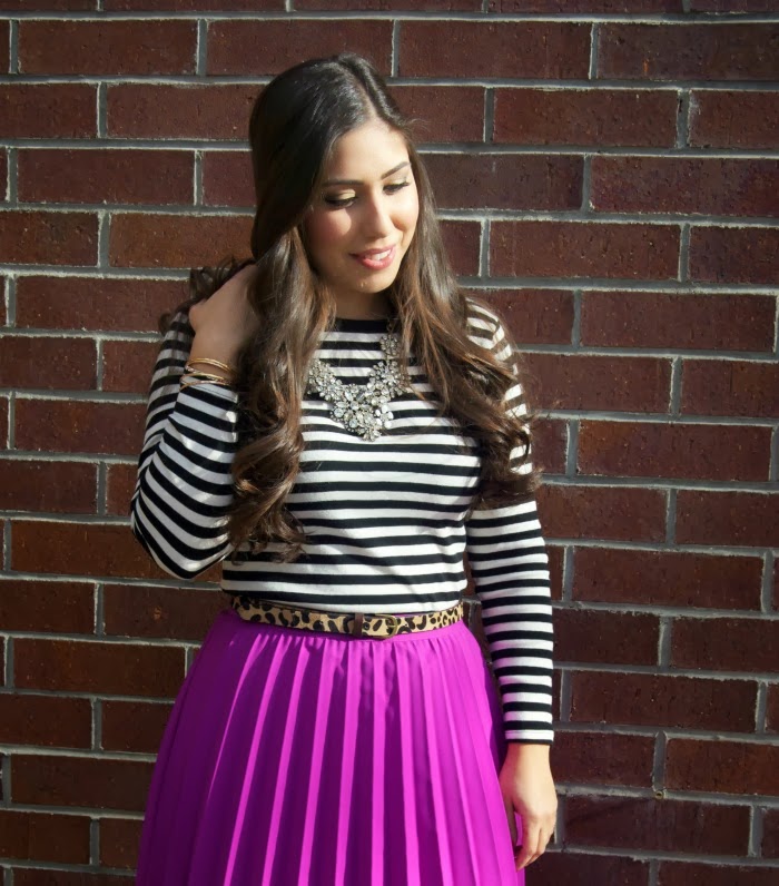 fuchsia pleats, leopard belt, and Jcrew jewels - Louboutins and Love Fashion Blog