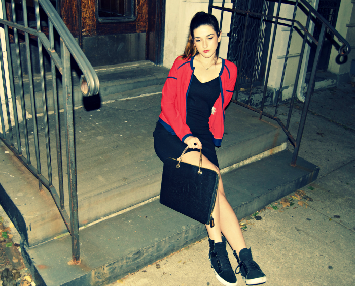 little black Chanel dress and red jacket - Louboutins and Love Fashion Blog