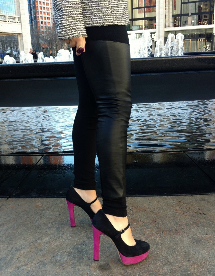 Zara jeweled sweater, H&M leather patched leggings, Topshop rings, Jcrew headband, Vince Camuto shoes