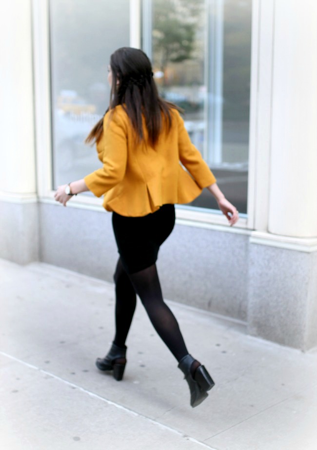 Yellow Ruffled Jacket Over Black Dress - Louboutins and Love Fashion Blog by Esther Santer