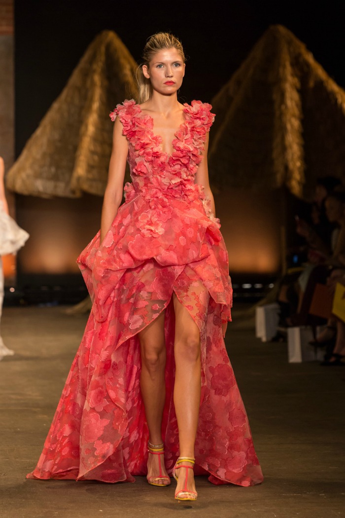 floral organza deep v gown with petal appliqué&nbsp;