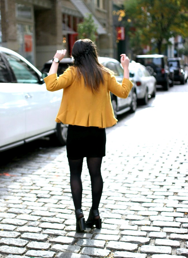 Yellow Ruffled Jacket Over Black Dress - Louboutins and Love Fashion Blog by Esther Santer