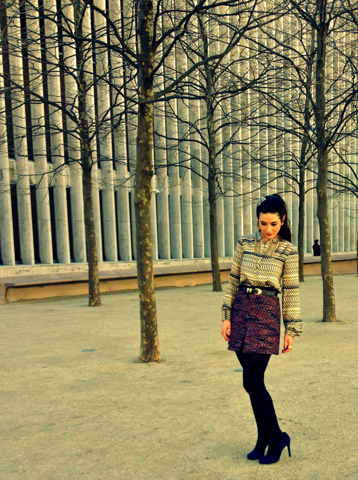 Anthropologie hairpiece, Covet silk top, vintage belt, H&M tweed skirt, Hue navy tights, Jessica Simpson heels