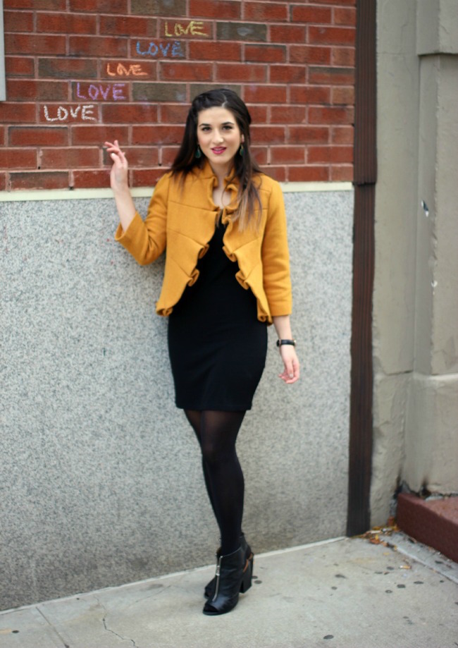 Yellow Ruffled Jacket Over Black Dress - Louboutins and Love Fashion Blog by Esther Santer