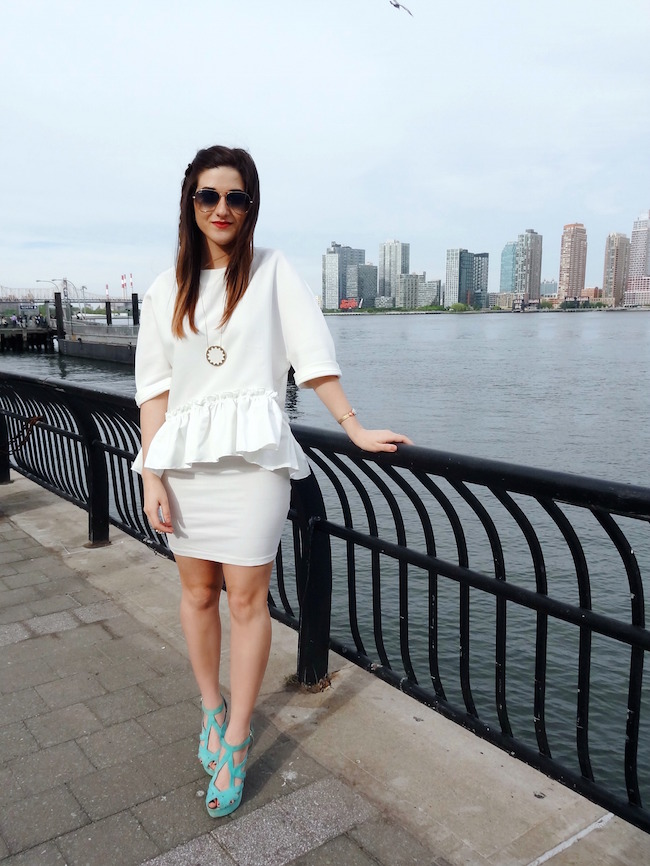 White Ruffled Top Leah & Pearl Louboutins & Love Fashion Blog Esther Santer Street Style Modest Neutral Look Teal Heels Pumps Sandals Shoes Zara Hair Ombre Monochrome Oufit Jcrew Sunglasses Rayban Girl NYC Women Model Shop NYC Skirt Pretty Inspiration.jpg