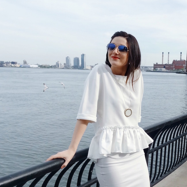 White Ruffled Top Leah & Pearl Louboutins & Love Fashion Blog Esther Santer Street Style Modest Neutral Look Teal Heels Pumps Sandals Shoes Zara Hair Ombre Monochrome Oufit OOTD Sunglasses Rayban Girl NYC Women Model Shop Buy Pretty NYC Inspiration.jpg