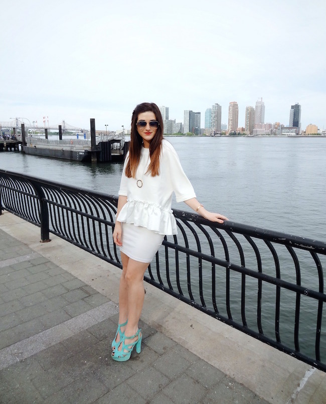 White Ruffled Top Leah & Pearl Louboutins & Love Fashion Blog Esther Santer Street Style Modest Neutral Look Teal Heels Pumps Sandals Shoes Zara Hair Ombre Monochrome Oufit OOTD Sunglasses Rayban Girl NYC Women Model Shop Buy NYC Pretty Inspiration.jpg