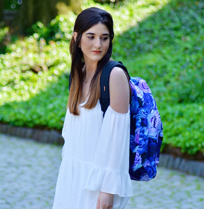 Floral Spiral Backpack Louboutins & Love Fashion Blog Esther Santer Summer Travel Street Style Blogger Trend White Dress Zara Romper Sandals Shoes Strappy Gold Bracelet Inspiration What To Pack Shopping Brunette Girl Photoshoot Model NYC Outfit OOTD.jpg