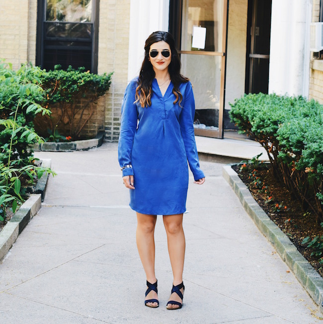 Pleione Shirt Dress Anyi Lu Wedges Louboutins & Love Fashion Blog Esther Santer NYC Street Style Blogger Blue Outfit OOTD Comfortable Swag Girl Brunette Model Aviators Rayban Sunglasses Summer Jewelry Itchelita Bracelet Wavy Hair Beautiful Inspiration.jpg