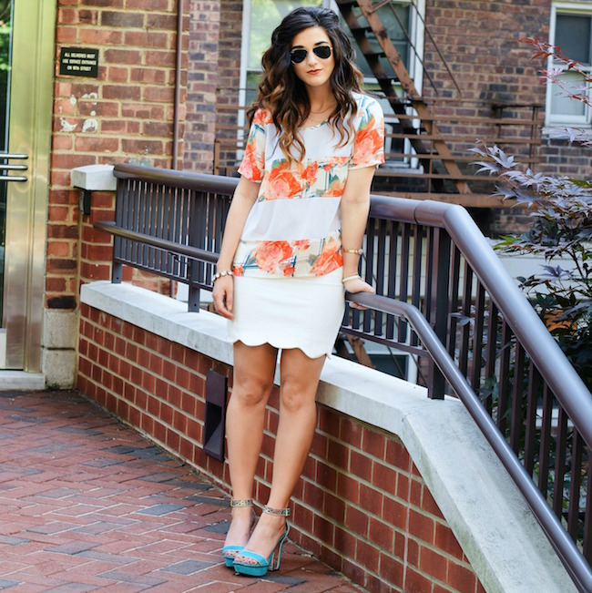 Rebecca Minkoff Floral Mesh Top Bandits of Colour Louboutins & Love Fashion Blog Esther Santer Street Style NYC Beautiful Outfit OOTD Red Blue White Scalloped Skirt Topshop Sunglasses Rayban Aviators Summer Look Inspo Shop Vince Camuto Girl Heels.jpg
