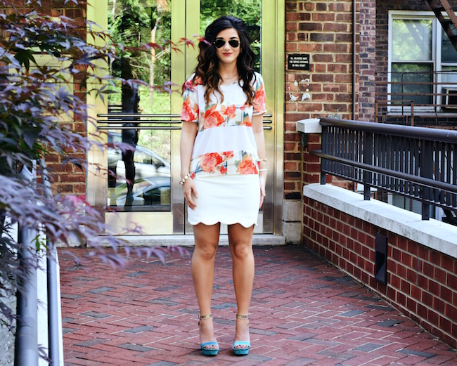 Rebecca Minkoff Floral Mesh Top Bandits of Colour Louboutins & Love Fashion Blog Esther Santer Street Style NYC Beautiful Outfit OOTD Red Blue White Scalloped Skirt Topshop Sunglasses Rayban Aviators Summer Look Shop Inspo Girl Vince Camuto Heels.jpg