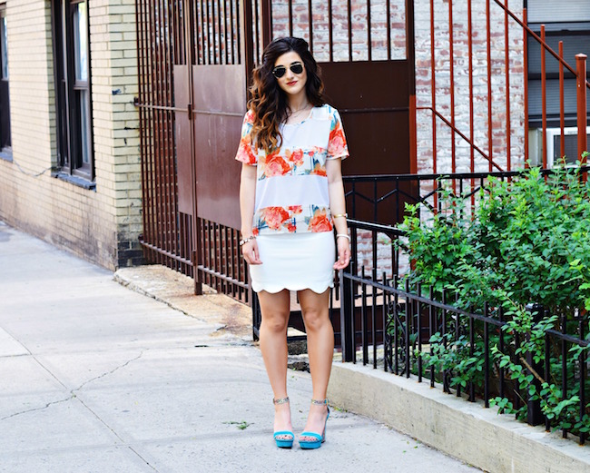 Rebecca Minkoff Floral Mesh Top Bandits of Colour Louboutins & Love Fashion Blog Esther Santer Street Style NYC Beautiful Outfit OOTD Red Gold White Scalloped Skirt Topshop Sunglasses Rayban Aviators Summer Look Shop Inspo Vince Camuto Heels Girl.jpg