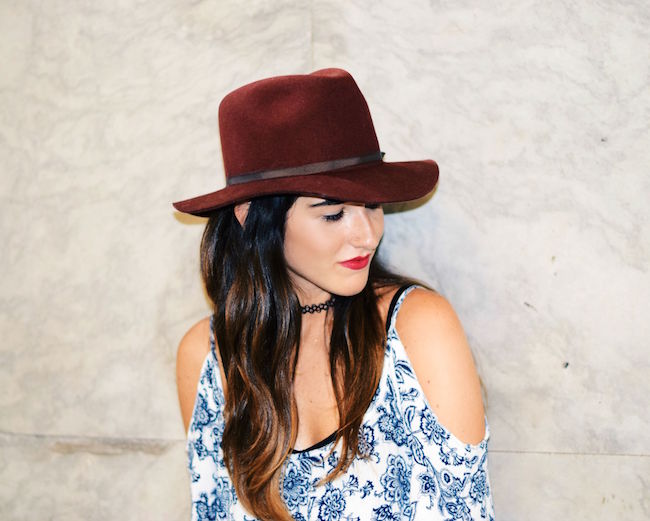 Off The Shoulder Dress Fedora Goorin Brothers Louboutins & Love Fashion Blog Esther Santer NYC Street Style Tattoo Choker Maroon Hat Summer Look Shopping Girl Women Brunette Rayban Aviators Wear Sandals Gold Bracelets OOTD Outfit Shoes Wedges Jewelry.jpg