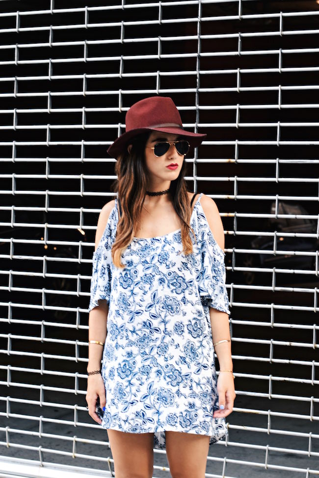 Off The Shoulder Dress Fedora Goorin Brothers Louboutins & Love Fashion Blog Esther Santer NYC Street Style Tattoo Choker Maroon Hat Summer Look Shopping Girl Women Brunette Rayban Aviators Wear Sandals Gold Bracelets Outfit OOTD Shoes Wedges Jewelry.jpg