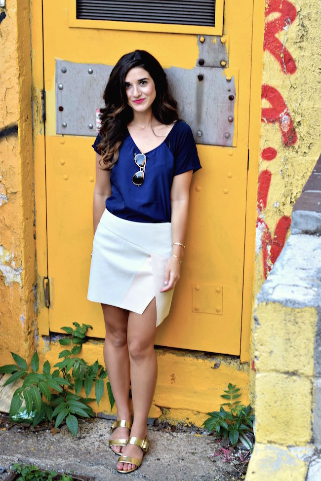 Navy Top White Pleather Skirt Louboutins & Love Fashion Blog Esther Santer Street Style Blogger NYC Photoshoot RayBan Aviators Sunglasses Summer Look Shopping Shirt Girl Model Hair Slit Blue Shoes Sandals Gold Jewelry Cuff Bracelet Outfit OOTD Wear.jpg