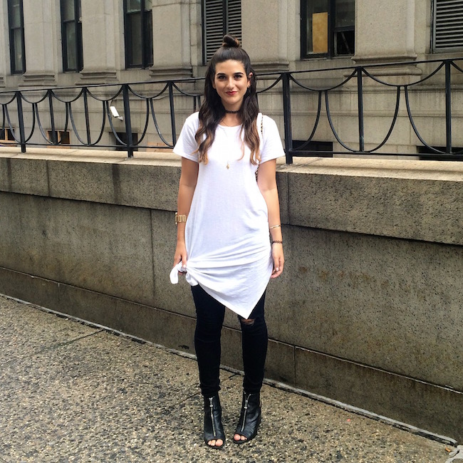 Currently Wearing New York Fashion Week SS16 Louboutins & Love Fashion Blog Esther Santer NYC NYFW OOTD Outfit Black White Minimal Modern Tattoo Choker White Knotted Skirt Dress Black Ripped Jeans Pants Gold Cuff Bracelet Jewelry Topknot Booties Inspo.JPG