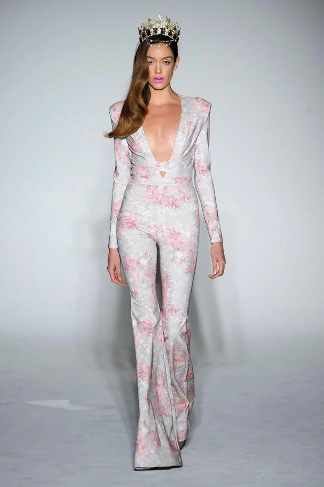NYFW Michael Costello Fashion Show Spring Summer 2016 Louboutins & Love Fashion Blog Esther Santer NYC Street Style Blogger Designer Project Runway Outfit Crown Models Pretty Jumpsuit Bodysuit Colorful Pink Floral Green Emerald Trends Lace White Dress.jpg