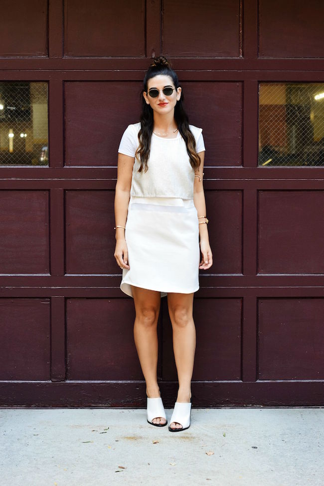 London Retro Sunglasses Giveaway Louboutins & Love Fashion Blog Esther Santer NYC Street Style Blogger Giveaway Shopping Girl Model Photoshoot Bracelet Jewelry Gold Collar Necklace Lydell Jewelry Topknot Brunette Hair White Dress Outfit OOTD Mules Tee.jpg