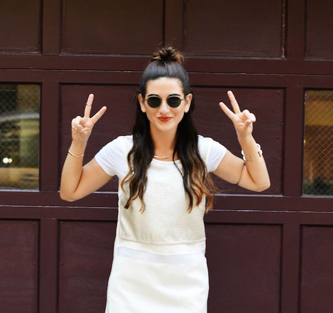 London Retro Sunglasses Giveaway Louboutins & Love Fashion Blog Esther Santer NYC Street Style Blogger Giveaway Shopping Girl Model Photoshoot Bracelet Jewelry Gold Collar Necklace Topknot Brunette Hair Outfit OOTD White Mules Dress Lydell Jewelry Tee.jpg