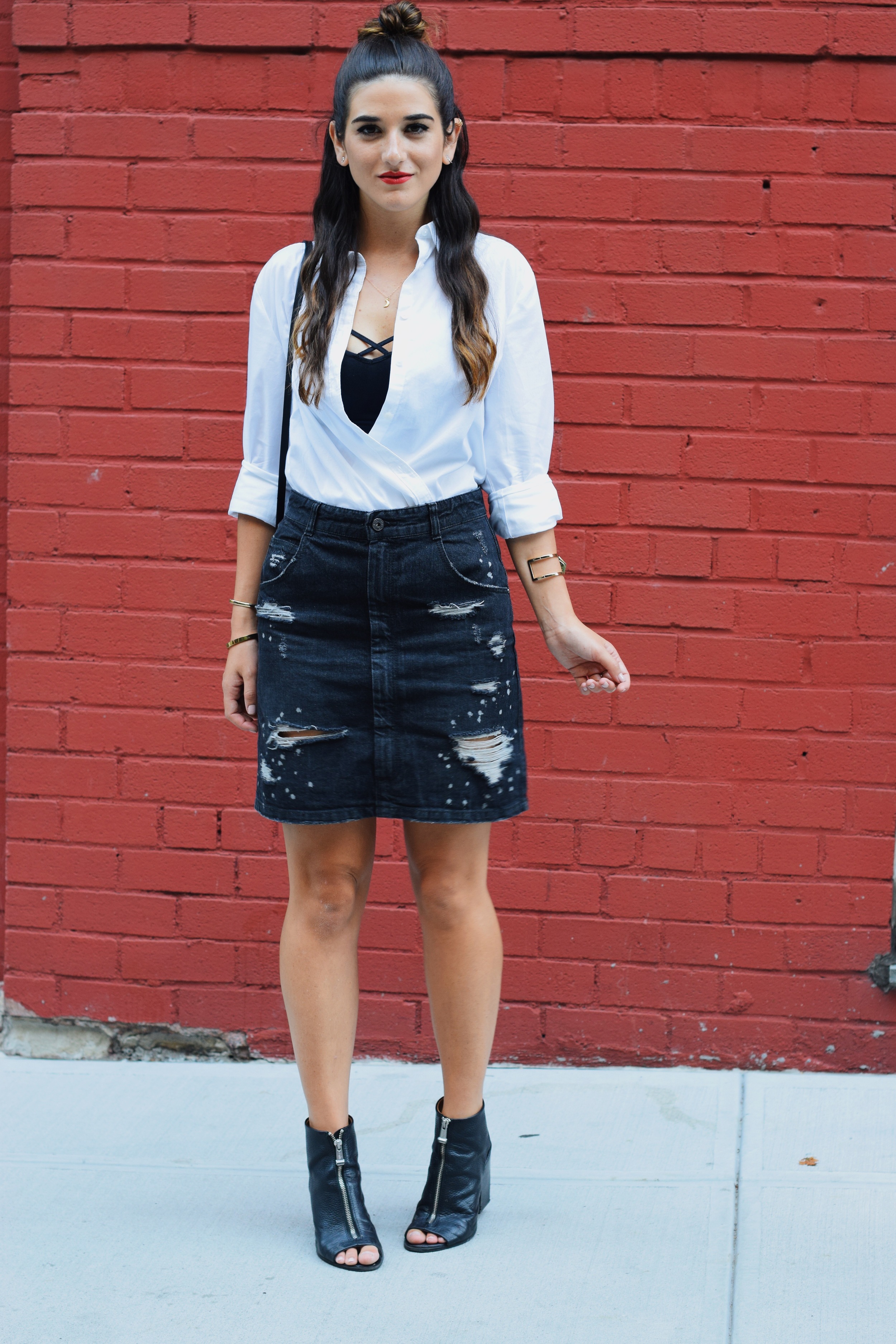Coco & Marie Moon Necklace Giveaway Louboutins & Love Fashion Blog Esther Santer NYC Street Style Blogger Lifestyle Topknot Bun Denim Ripped Jean Skirt White Button Down Zara Black Box Clutch Bag Bralette Nordstrom Booties Gold Jewelry Girl Women Shop.JPG