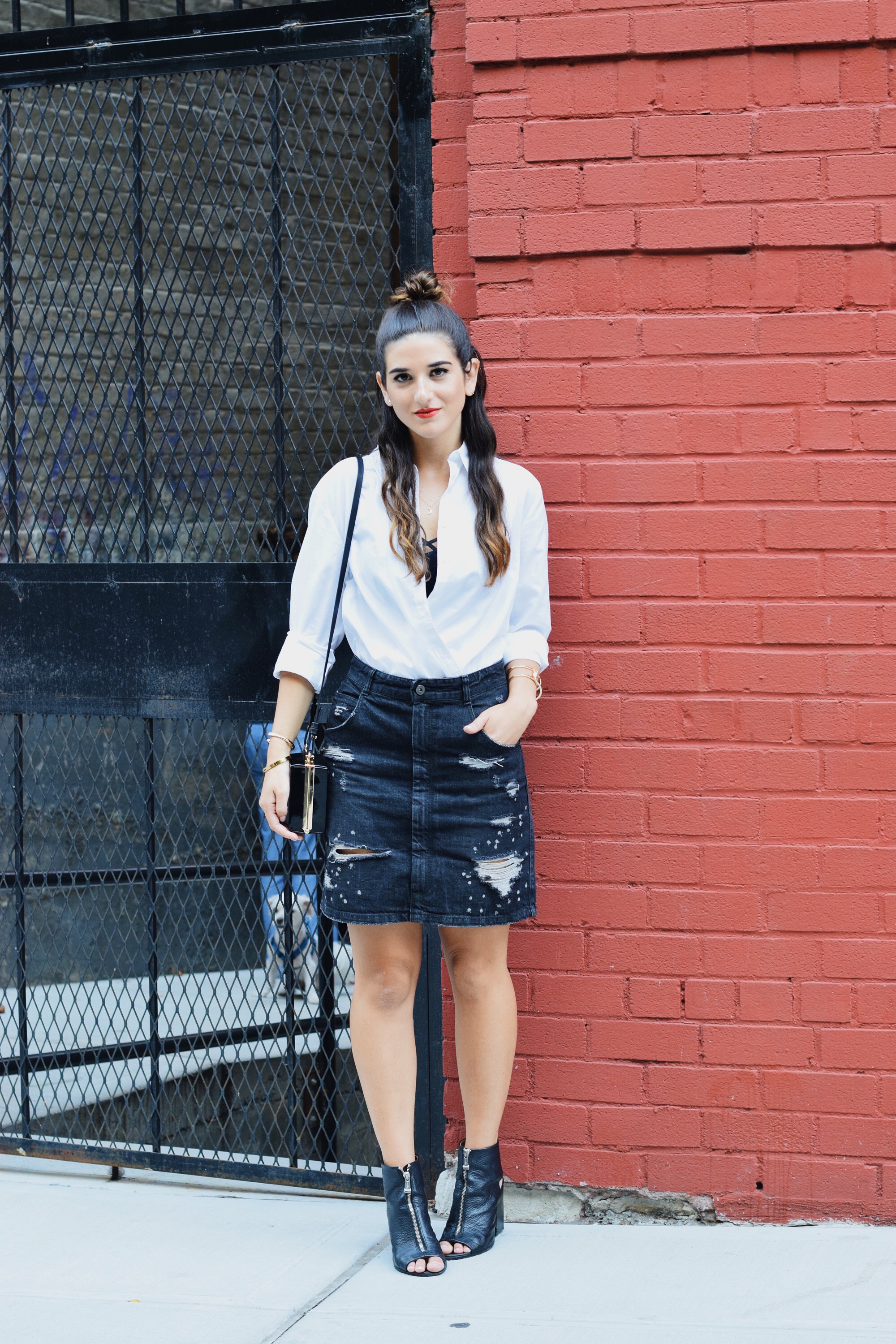 Coco & Marie Moon Necklace Giveaway Louboutins & Love Fashion Blog Esther Santer NYC Street Style Blogger Lifestyle Topknot Bun Denim Ripped Jean Skirt White Button Down Zara Black Box Clutch Bag Nordstrom Booties Bralette Women Girl Hair Gold Jewelry.JPG