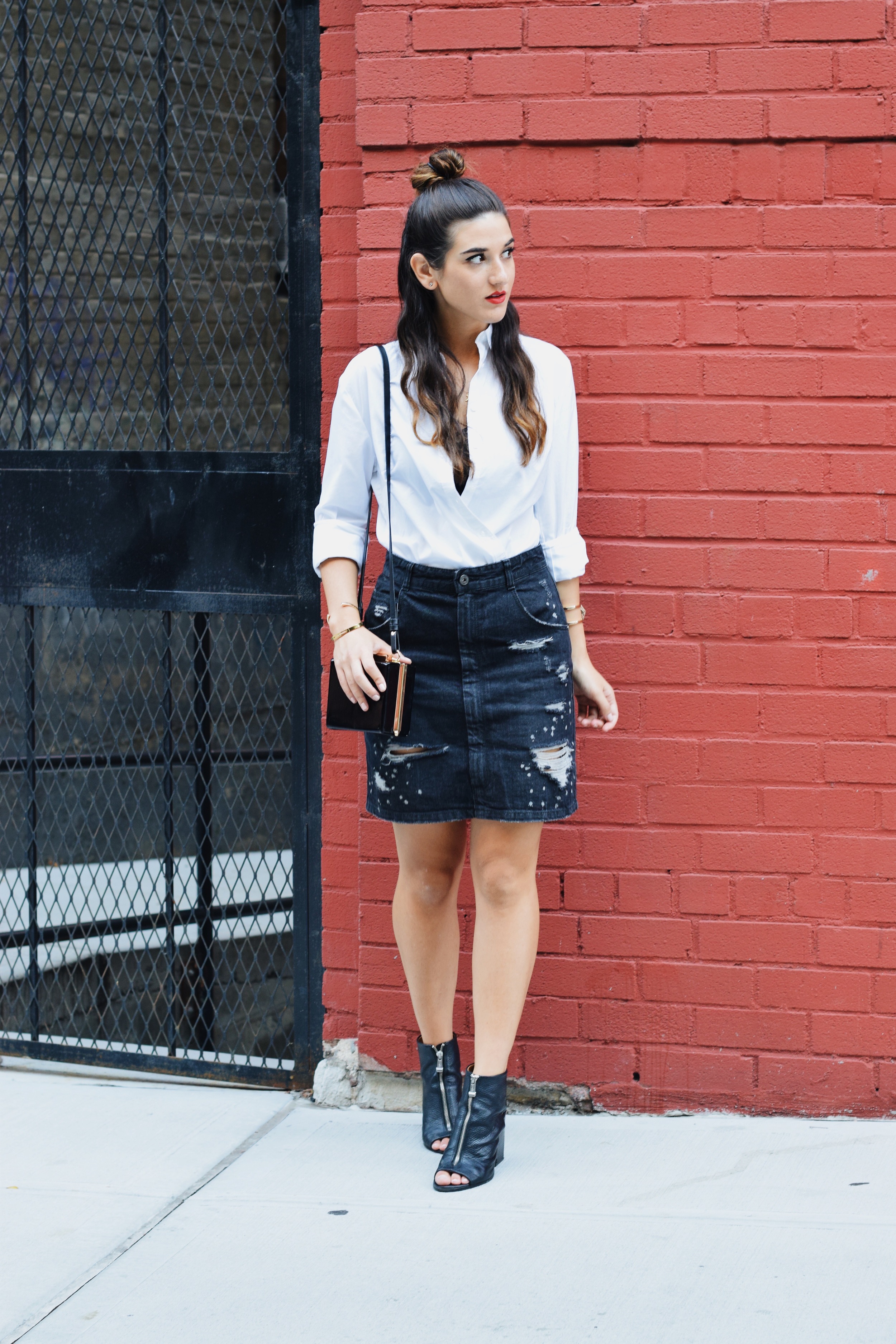 Coco & Marie Moon Necklace Giveaway Louboutins & Love Fashion Blog Esther Santer NYC Street Style Blogger Lifestyle Topknot Bun Denim Ripped Jean Skirt White Button Down Zara Black Box Clutch Bag Nordstrom Booties Bralette Girl Women Hair Gold Jewelry.JPG