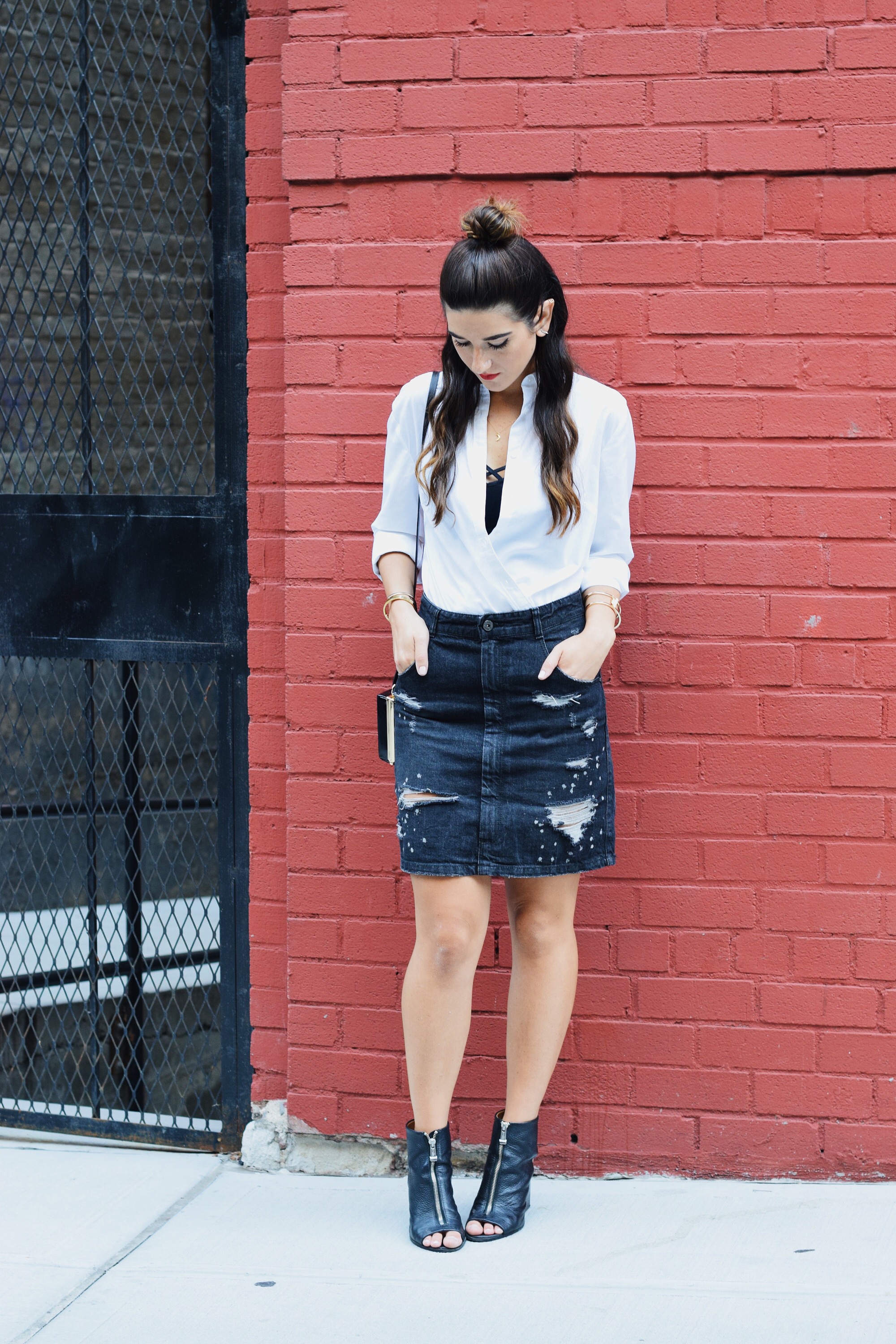 Coco & Marie Moon Necklace Giveaway Louboutins & Love Fashion Blog Esther Santer NYC Street Style Blogger Lifestyle Topknot Bun Ripped Jean Skirt Denim Zara Button Down Zara Black Clutch Bag Bralette Nordstrom Booties Girl Women Gold Jewelry Outfit.JPG