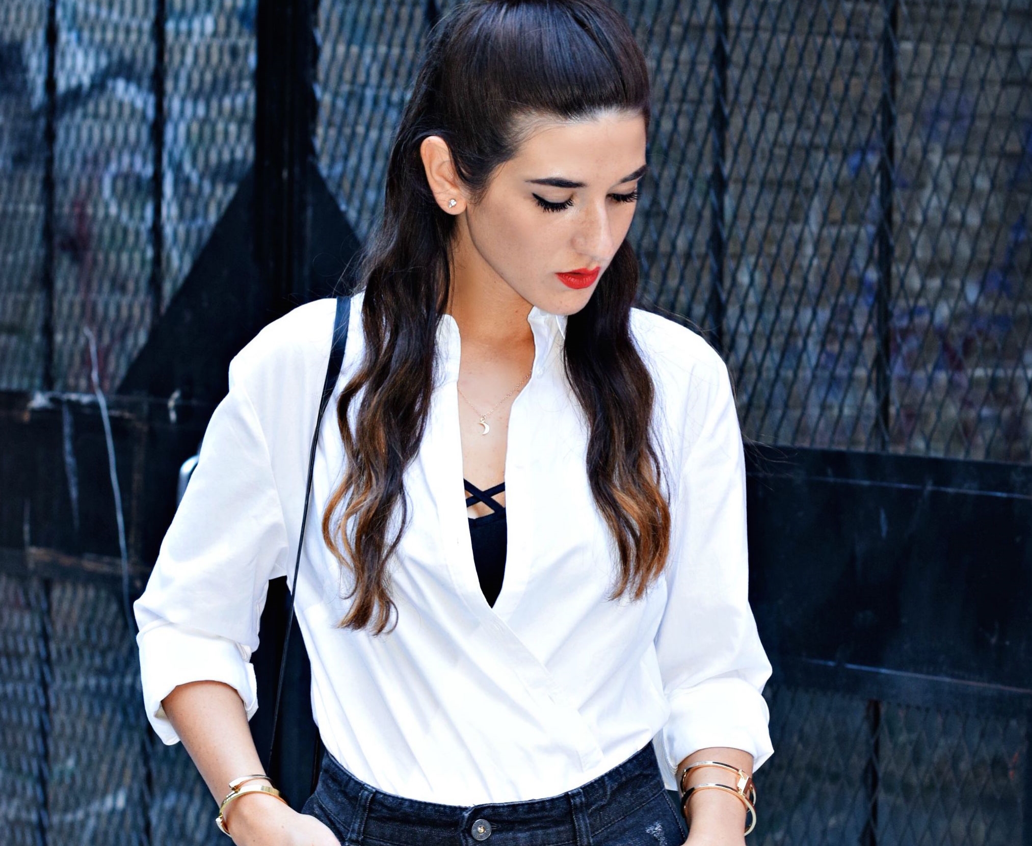 Coco & Marie Moon Necklace Giveaway Louboutins & Love Fashion Blog Esther Santer NYC Street Style Blogger Lifestyle Topknot Bun Denim Ripped Jean Skirt White Button Down Zara Black Box Clutch Bag Bralette Nordstrom Booties Gold Jewelry Women Girl Shop.JPG