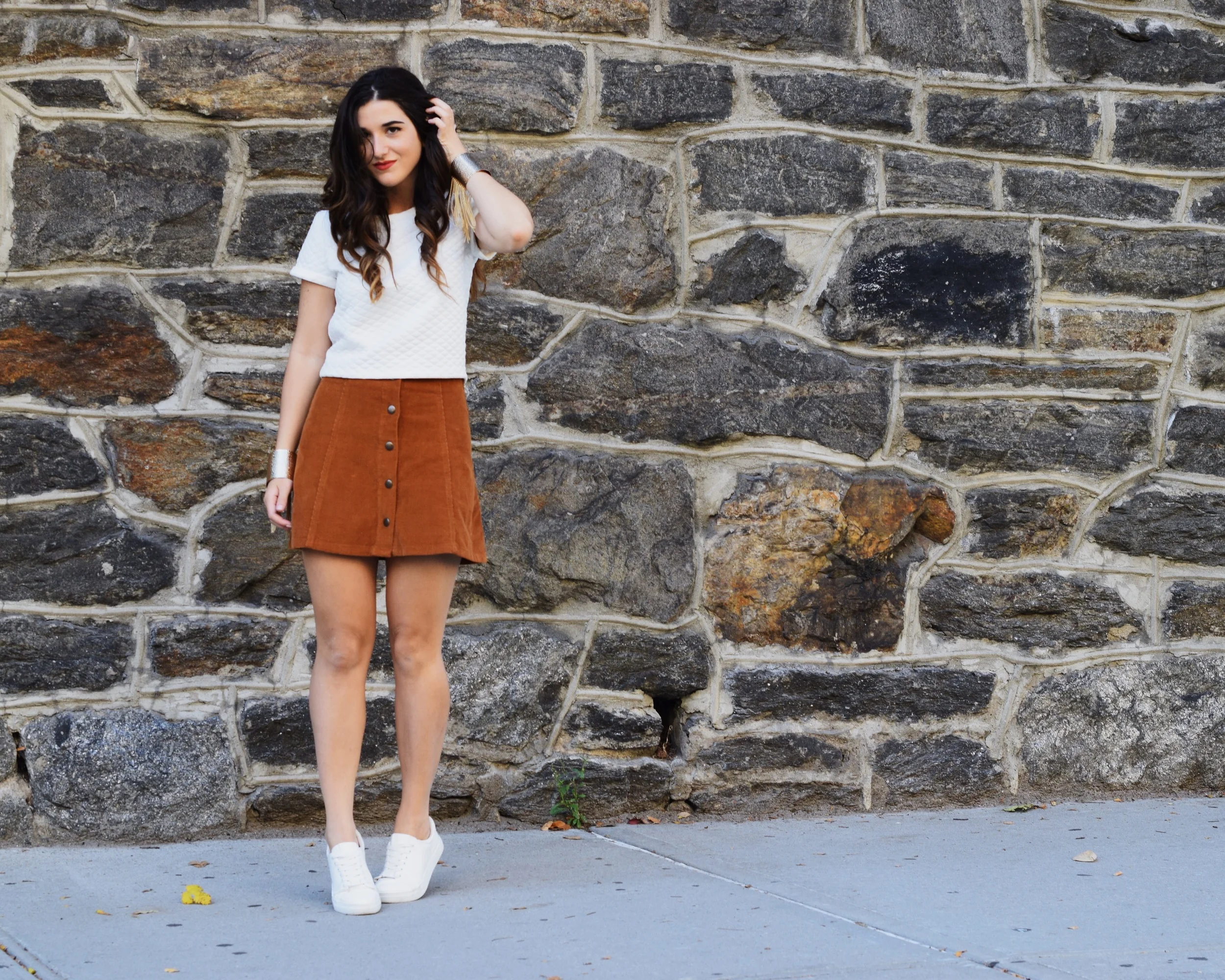 Pelle.NYC Gold Fringed Cuffs Giveaway Louboutins & Love Fashion Blog Esther Santer Street Style Blogger NYC Photoshoot Bracelets Topshop White Crop Top Button Front Corduroy Hair Brunette Model Girl Women Outfit Trendy OOTD Look Inspiration Inspo Shop.JPG