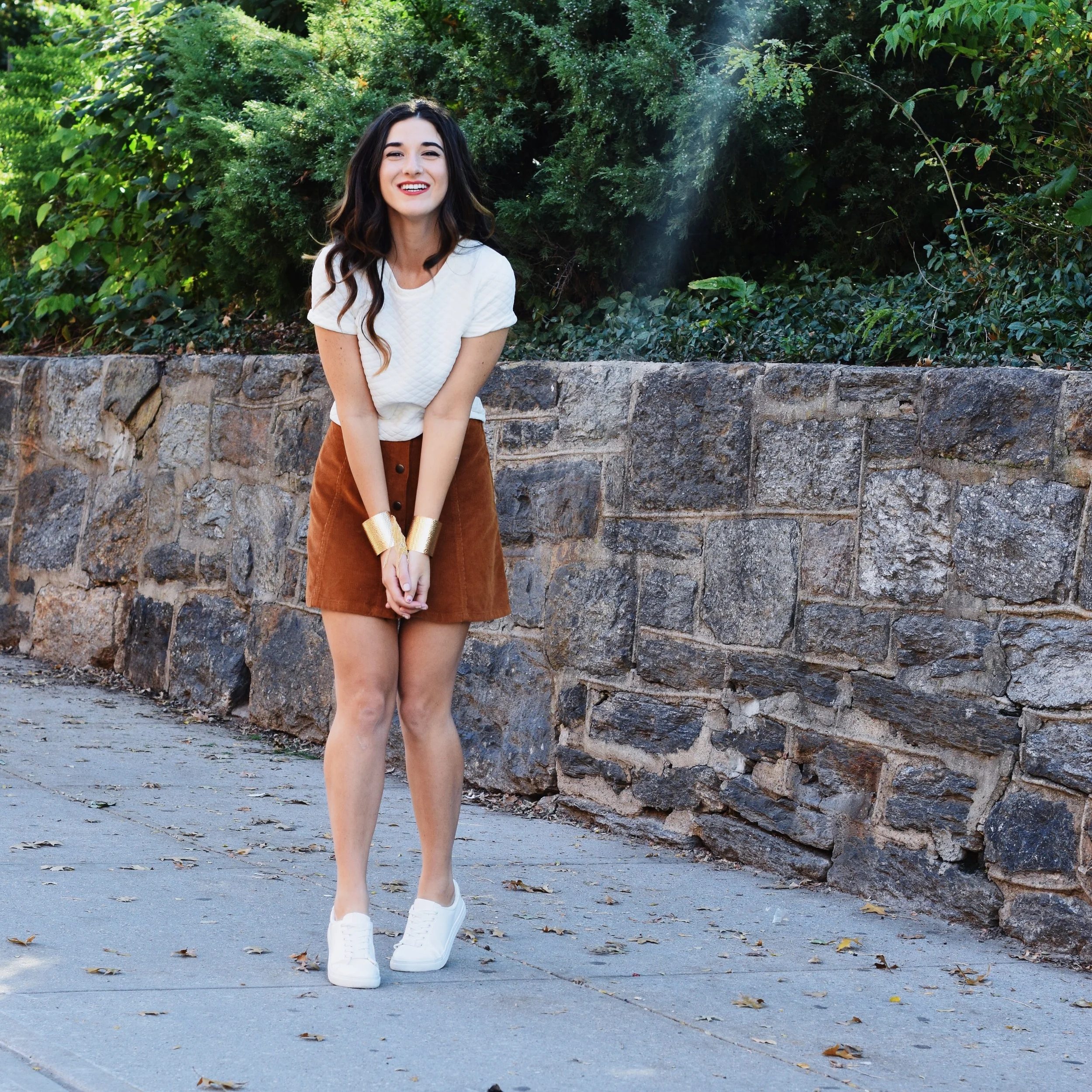 Pelle.NYC Gold Fringed Cuffs Giveaway Louboutins & Love Fashion Blog Esther Santer Street Style Blogger NYC Photoshoot Bracelets Topshop White Crop Top Button Front Corduroy Hair Brunette Model Girl Women Shop Trendy OOTD Outfit Look Inspo Inspiration.JPG