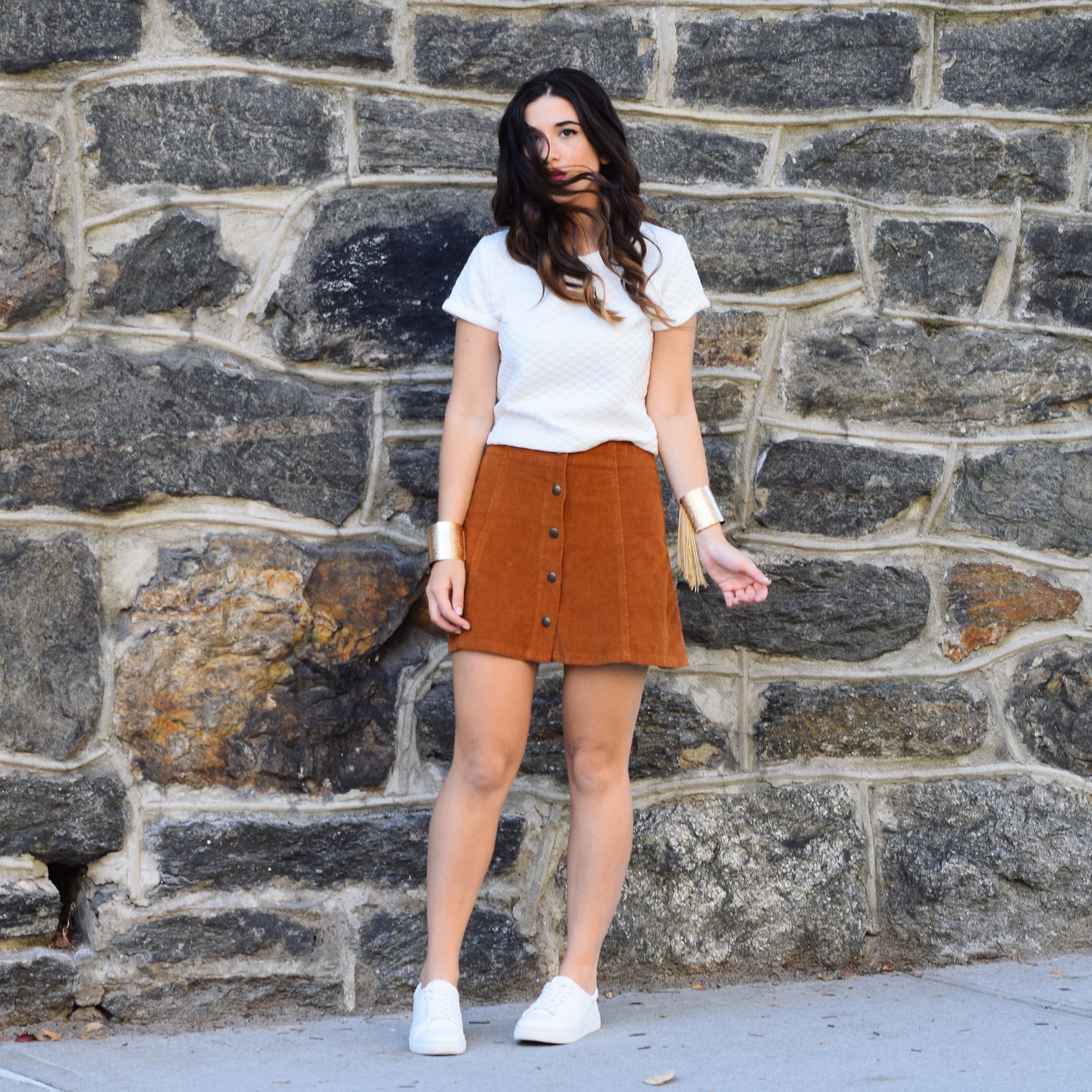 Pelle.NYC Gold Fringed Cuffs Giveaway Louboutins & Love Fashion Blog Esther Santer Street Style Blogger NYC Photoshoot Bracelets Topshop White Crop Top Button Front Corduroy Hair Brunette Model Girl Women Trendy Outfit OOTD Look Inspiration Inspo Shop.JPG