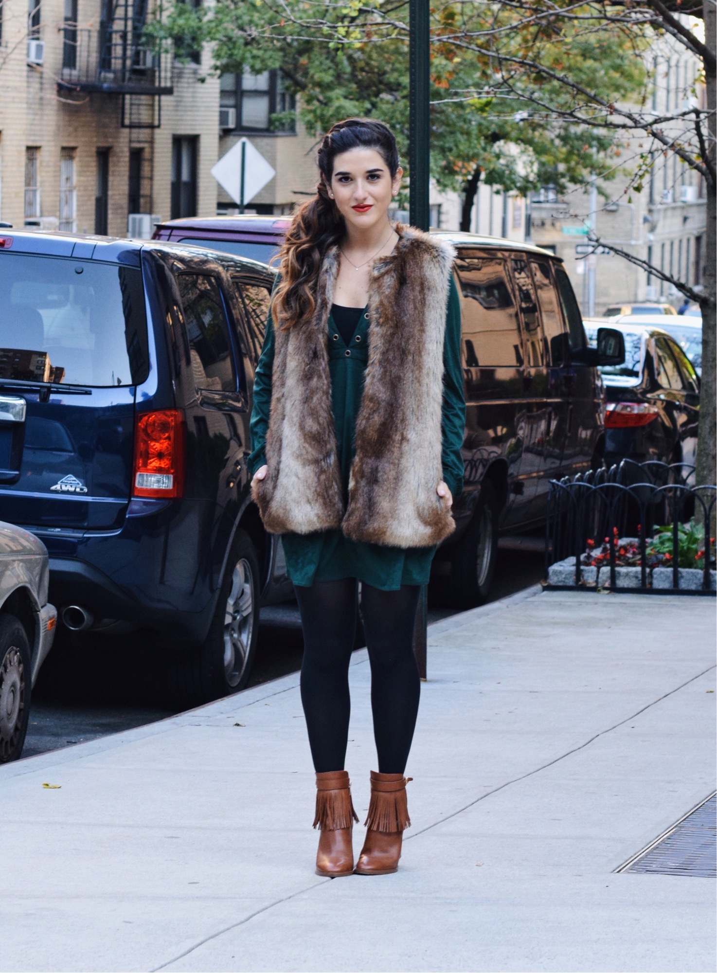 Suede Eyelet Dress Trescool Louboutins & Love Fashion Blog Esther Santer Street Style NYC Blogger Fall Winter Black Tights Ivanka Trump Fringe Booties Camel Hair Girl Women Beautiful Photoshoot Model Trendy Zara Fur Vest Outfit OOTD Inspo What To Wear.JPG