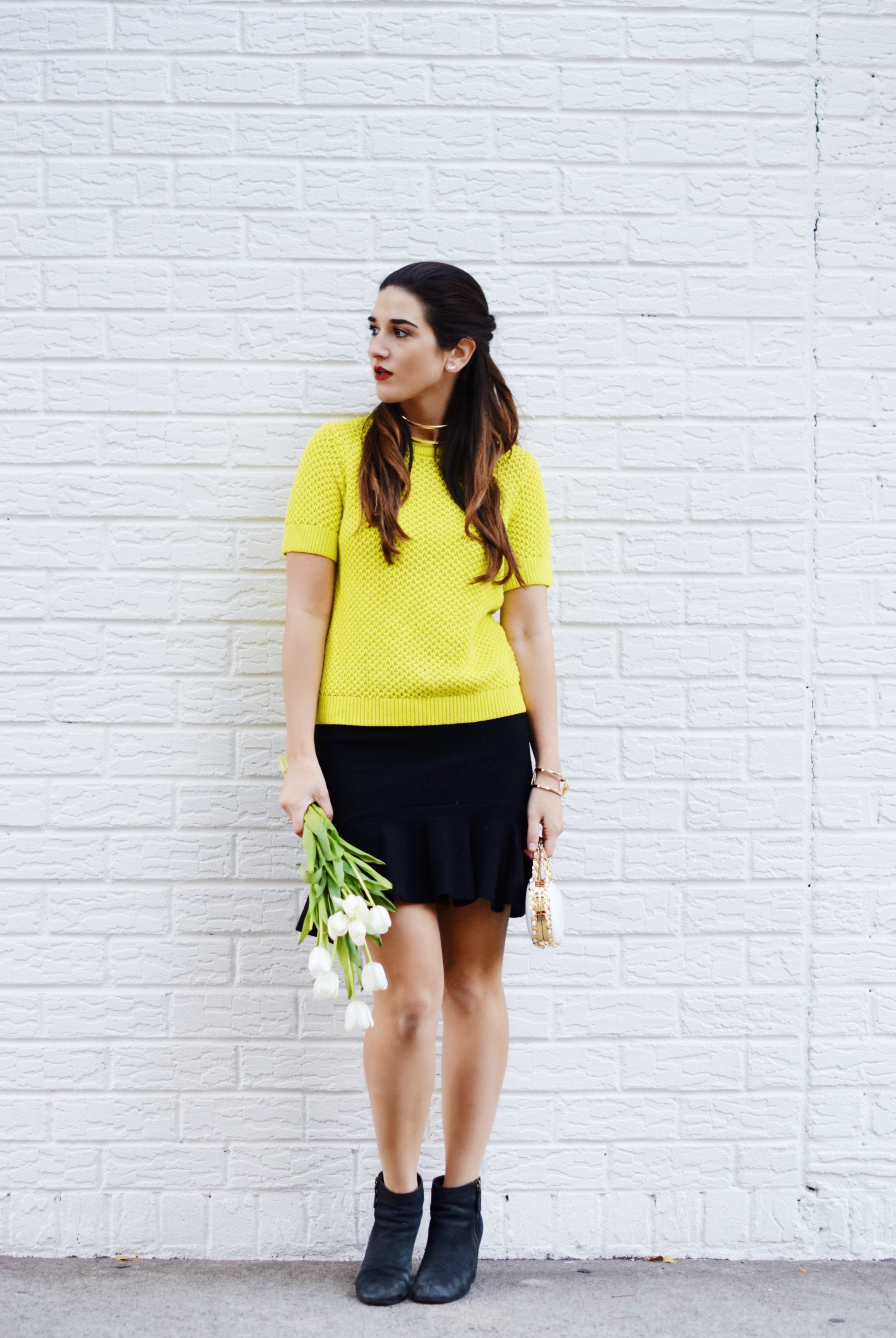 White Prince Minaudiere Erin Dana Louboutins & Love Fashion Blog Esther Santer NYC Street Style Blogger Bag Giveaway Gold Jewelry Lydell Bracelet Collar Necklace Black Booties Flared Ruffle Skirt Neon Yellow Sweater Photoshoot Club Monaco Model Outfit.jpg