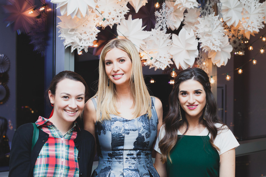 Holiday Party Ivanka Trump Style Louboutins & Love Fashion Blog NYC Street Style Blogger Girls' Night In Event NYC Soho Snowflake Installation Beautiful Decor Metallic Inspo Inspiration Silver Gold Hair GlamSquad Flower Dress Wear Guests WomenWhoWork.jpeg