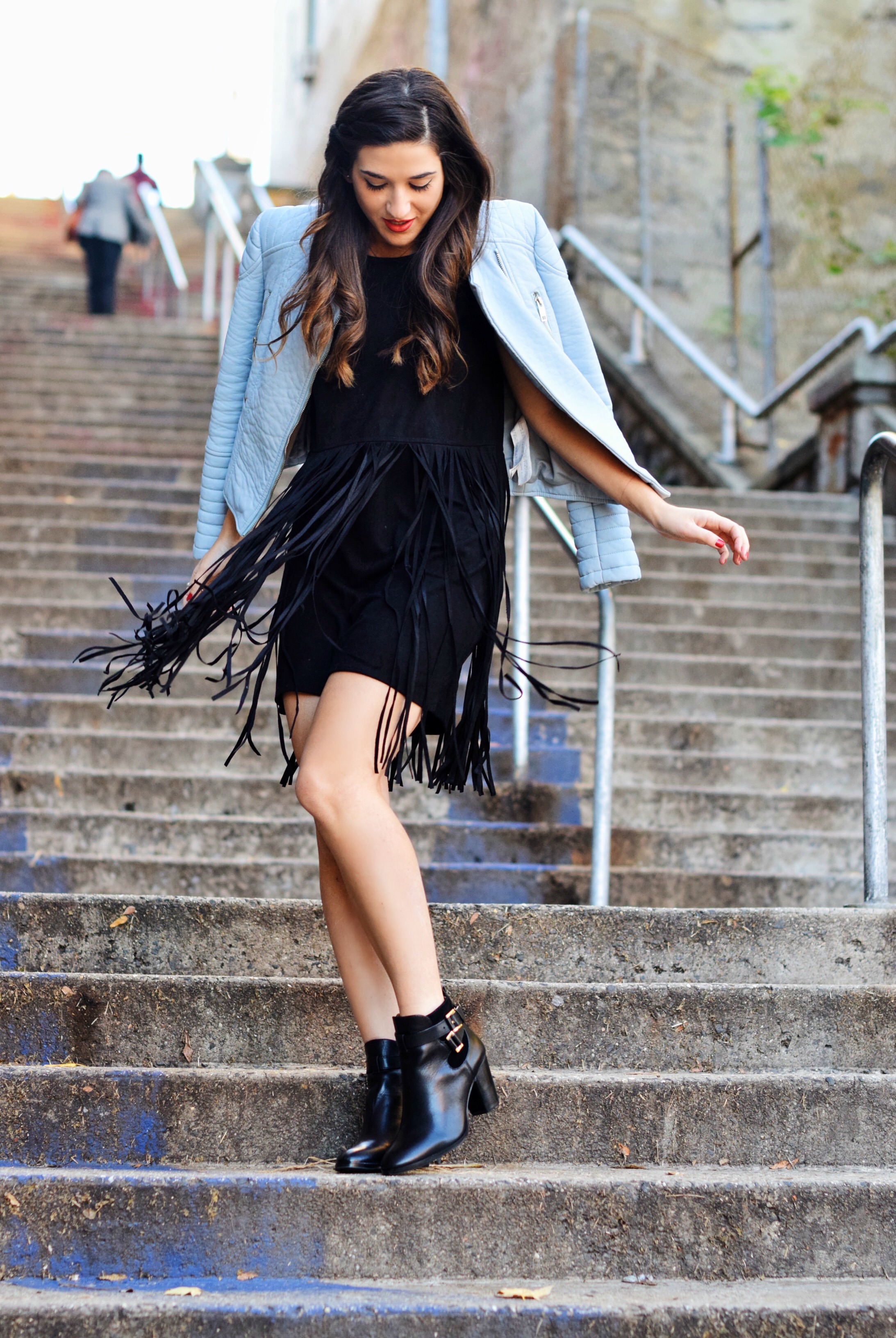Black Fringe Dress Trèscool Louboutins & Love Fashion Blog Esther Santer NYC Street Style Blogger Baby Blue Leather Jacket Zara Hair Girl Model Photoshoot Booties Nordstrom Outfit OOTD Pretty Red Nail Polish Trendy Shoes Winter Fall Look  Shop Inspo.jpg