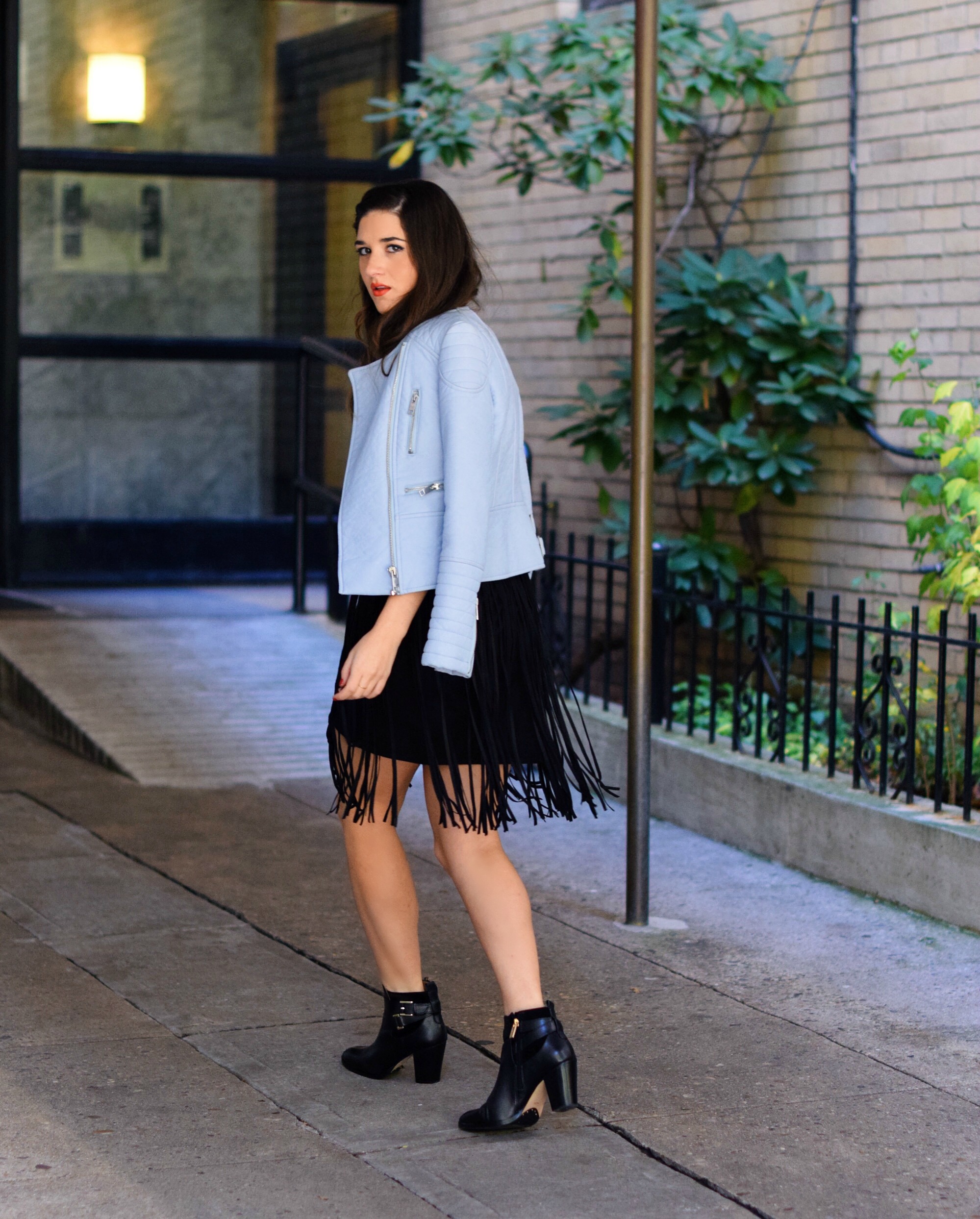Black Fringe Dress Trèscool Louboutins & Love Fashion Blog Esther Santer NYC Street Style Blogger Baby Blue Leather Jacket Zara Hair Girl Model Photoshoot Booties Nordstrom Outfit OOTD Red Nail Polish Shop Fall Look Pretty Inspo Shoes Winter Trendy.jpg