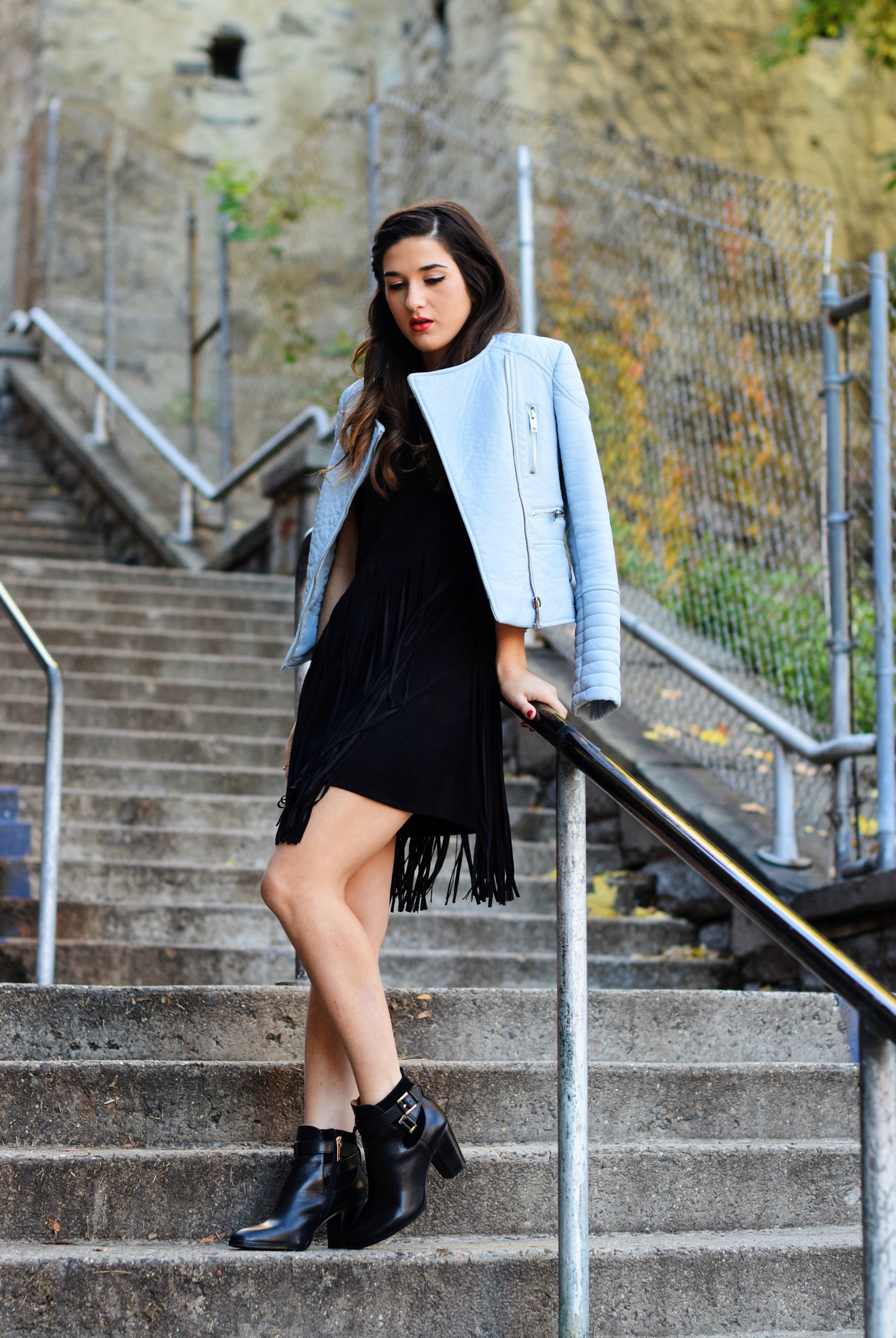 Black Fringe Dress Trèscool Louboutins & Love Fashion Blog Esther Santer NYC Street Style Blogger Baby Blue Leather Jacket Zara Hair Girl Model Photoshoot Booties Nordstrom Outfit OOTD Red Nail Polish Shop Pretty  Fall Look Shoes Winter Trendy Inspo .jpg