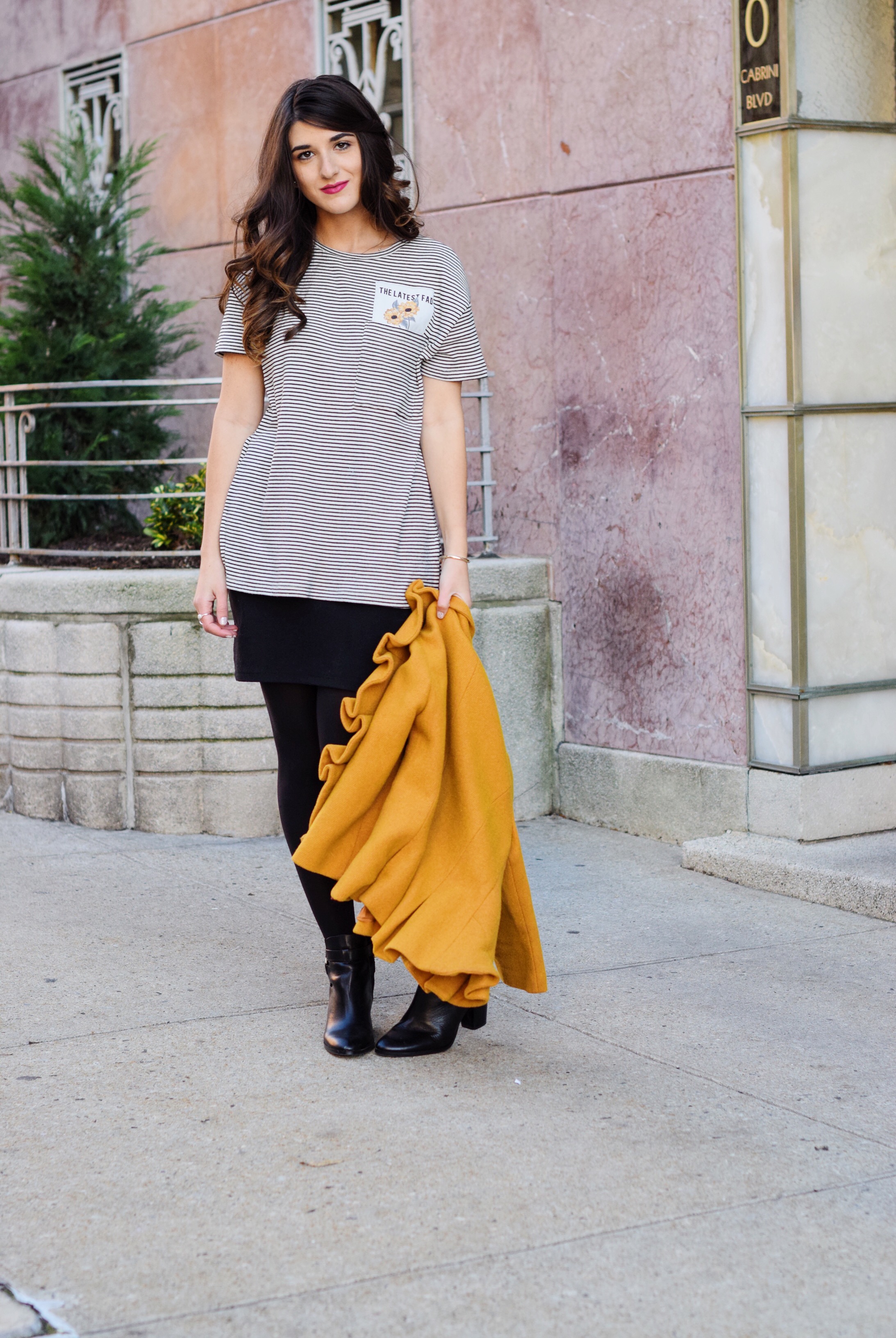 Yellow Ruffled Jacket Striped Tee Louboutins & Love Fashion Blog Esther Santer NYC Street Style Blogger Zara Pocket Tshirt Outfit OOTD Inspo Inspiration Photoshoot New York City Black Booties Louise et Cie Nordstrom Hair Shoes Fall Girl Women Shopping.jpg