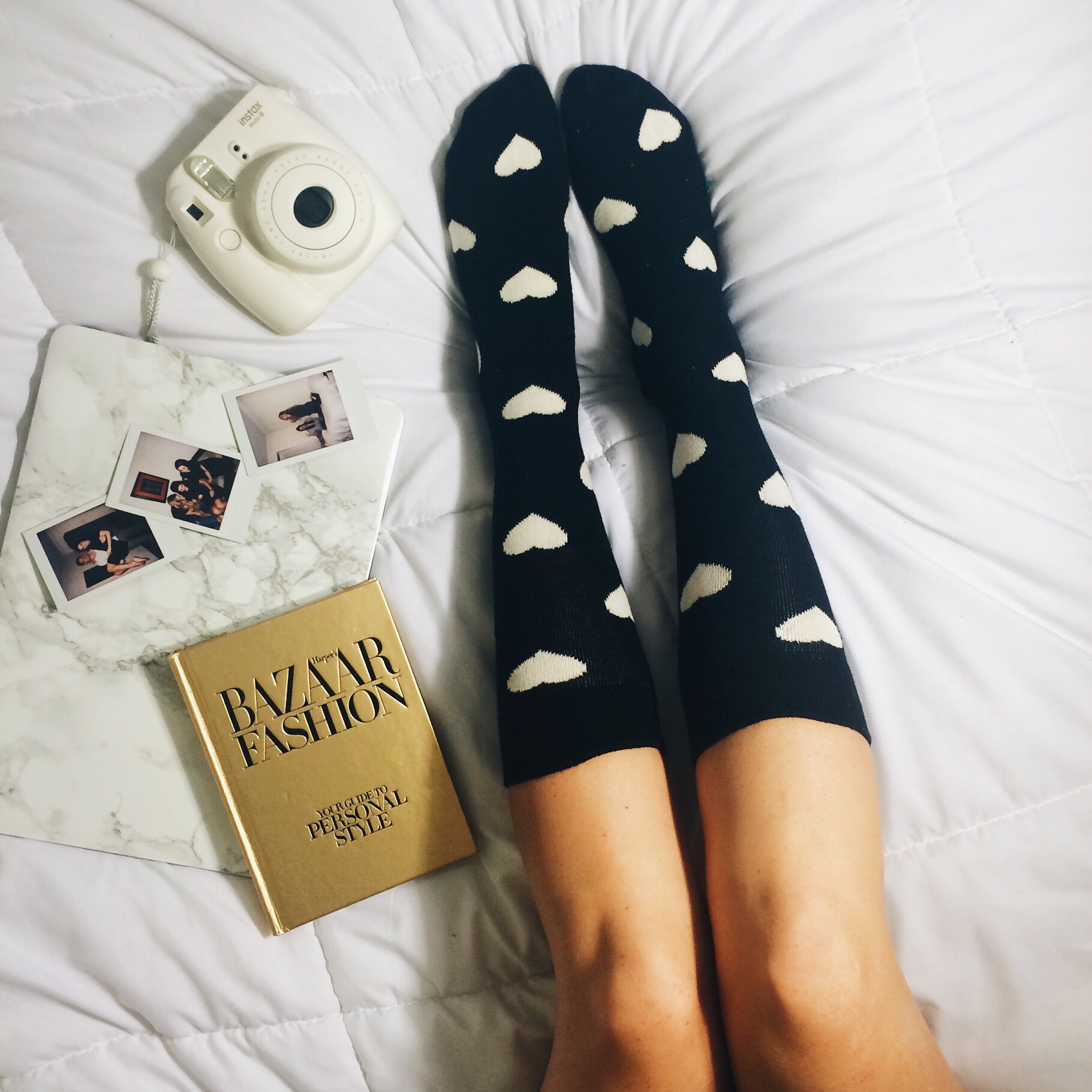 Lazy Days in Happy Socks Louboutins & Love Fashion Blog Esther Santer NYC Street Style Blogger Outfit Inspo Black White Hearts Pattern Print Poloroid Bed Legs Photo Flaylay Marble Macbook Laptop Girl Online Shopping Holiday Gift Collaboration Colorful.jpg
